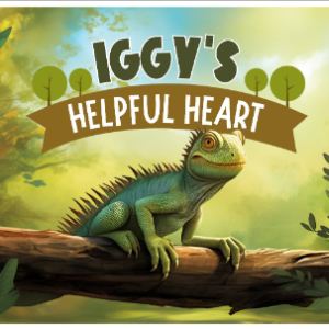 Iggy's Helpful Heart children's book cover featuring a green iguana resting on a log in a bright lush jungle forest setting