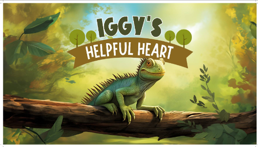 Iggy's Helpful Heart children's book cover featuring a green iguana resting on a log in a bright lush jungle forest setting