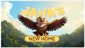 Java's New Home children's book cover featuring a majestic eagle with wings spread wide soaring above a lush green forest with a bright blue sky