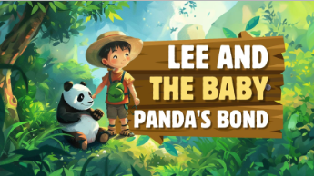 Lee and the Baby Panda's Bond children's book cover featuring a child and a baby panda in a beautiful lush green jungle forest setting