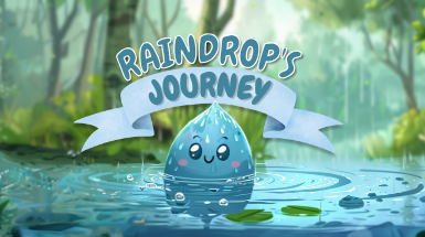 Raindrop's Journey – Children's Nature Story Book About the Water CycleRaindrop's Journey children's nature story book cover featuring an adorable smiling raindrop character sitting in a forest pond surrounded by green trees and lily pads