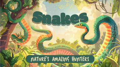 children's educational snake story book Snakes Nature's Amazing Hunters children's educational reading book cover featuring two colourful snakes coiled around jungle trees with lush green tropical foliage