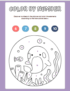 Color by Number activity book cover featuring a cute cartoon dolphin in an underwater ocean scene with numbered colouring sections – 50 page printable colouring book for kids