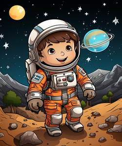 Space Boy Coloring Book 1 cover showing a cartoon boy astronaut exploring colorful mystery planets, for children aged 5 to 7