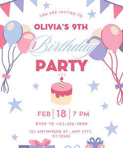 Girls birthday party invitation template — editable pink purple balloon and bunting design printable by Happy Giraffe Studio