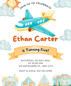 Boys airplane birthday party invitation template — editable watercolour plane and clouds design printable by Happy Giraffe Studio