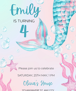 Mermaid birthday party invitation template — editable watercolour mermaid tail pink teal design printable by Happy Giraffe Studio