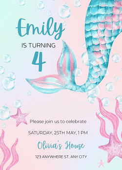 Mermaid birthday party invitation template — editable watercolour mermaid tail pink teal design printable by Happy Giraffe Studio