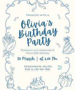 Elegant blue doodle birthday party invitation template — editable hand-drawn bow cake and flowers design printable by Happy Giraffe Studio