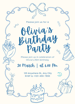 Elegant blue doodle birthday party invitation template — editable hand-drawn bow cake and flowers design printable by Happy Giraffe Studio