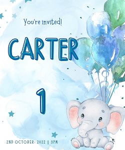 Baby elephant boys birthday party invitation template — editable watercolour elephant and balloons blue design printable by Happy Giraffe Studio