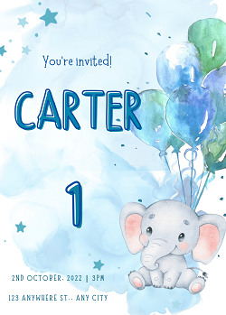 Baby elephant boys birthday party invitation template — editable watercolour elephant and balloons blue design printable by Happy Giraffe Studio