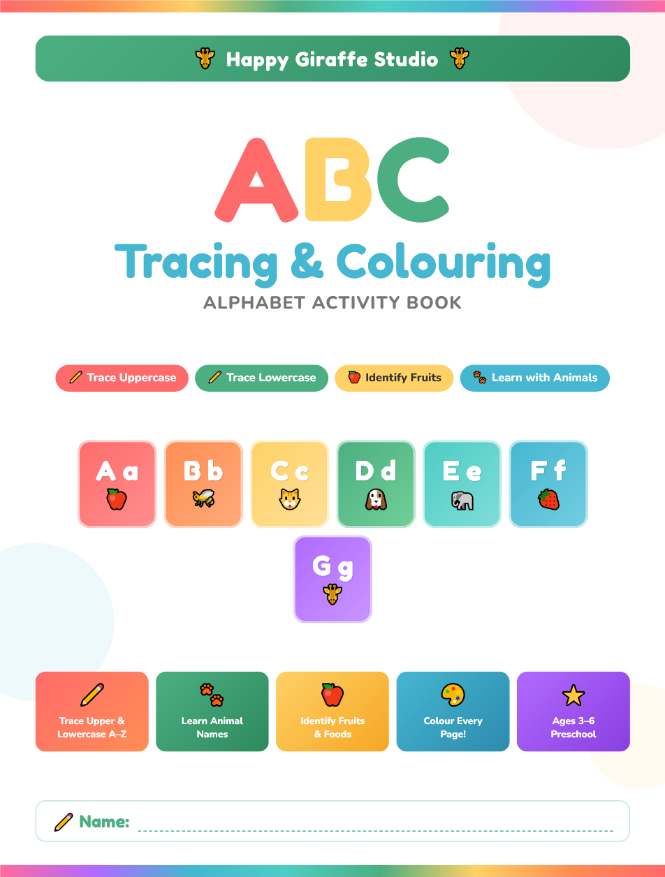 ABC Tracing and Colouring Alphabet Book – Kids Alphabet Tracing Activity Book with Fruits and Animals