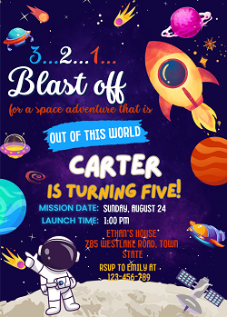 Blast Off Space Adventure Birthday Invitation Template - Editable Canva Card Printable