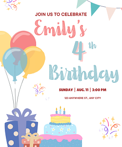Classic birthday party invitation template — editable pastel balloons birthday cake and gifts design printable by Happy Giraffe Studio