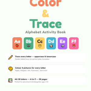 Color and Trace Alphabet Activity Book cover featuring preview cards showing 4 pictures per letter for A B and C with bright rainbow colours and Happy Giraffe Studio branding