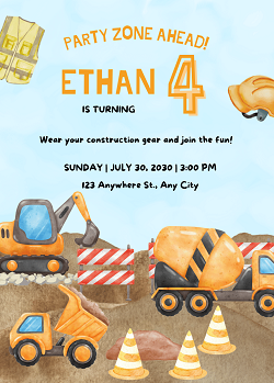 Construction Trucks Birthday Party Invitation Template - Editable Canva Card Printable