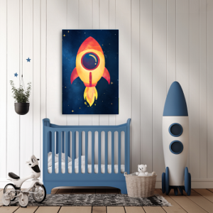 Space Adventure wall art 3 poster set for kids β rocket, planets and astronaut skateboarder prints by Happy Giraffe Studio