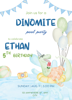 Dinomite Pool Party Birthday Invitation Template - Editable Canva Card Printable