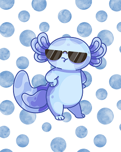 Fantasy friends kids wall art 3 poster set — cute blue dragon wizard and cool axolotl with sunglasses on blue polka dot background by Happy Giraffe Studio