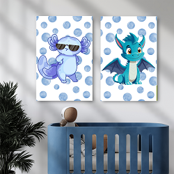 Fantasy friends kids wall art 3 poster set — cute blue dragon wizard and cool axolotl with sunglasses on blue polka dot background by Happy Giraffe Studio