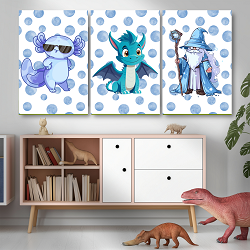 Fantasy friends kids wall art 3 poster set — cute blue dragon wizard and cool axolotl with sunglasses on blue polka dot background by Happy Giraffe Studio