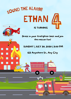 Firefighter Birthday Party Invitation Template - Editable Canva Card Printable