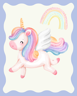 Magical unicorn nursery wall art 3 poster set — watercolour rainbow unicorn prints in pink purple and blue for baby girls room by Happy Giraffe Studio