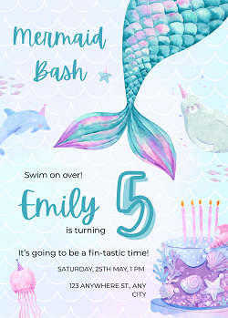 Mermaid Bash Birthday Party Invitation Template - Editable Canva Card Printable