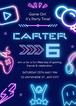 Neon Gaming Birthday Party Invitation Template - Editable Canva Card Printable