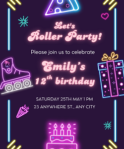 Neon roller skate birthday party invitation template — editable glowing neon roller skates pizza and cake dark purple design printable by Happy Giraffe Studio