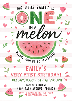 One in a Melon First Birthday Invitation Template - Editable Canva Card Printable