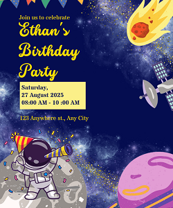 Outer space boys birthday party invitation template — editable astronaut planets and galaxy design printable by Happy Giraffe Studio