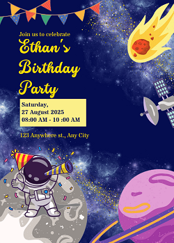 Outer space boys birthday party invitation template — editable astronaut planets and galaxy design printable by Happy Giraffe Studio
