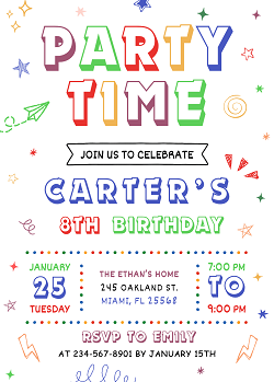Party Time Colourful Doodle Birthday Invitation Template - Editable Canva Card Printable