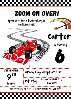 Race car birthday party invitation template — editable red F1 race car winding track checkered flags and speedometer design printable by Happy Giraffe Studio