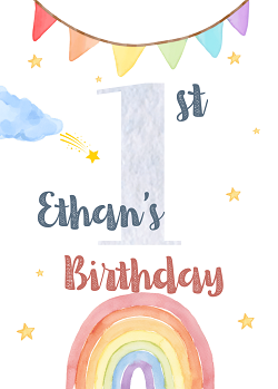 Rainbow first birthday invitation template — editable watercolour rainbow bunting and stars design printable by Happy Giraffe Studio