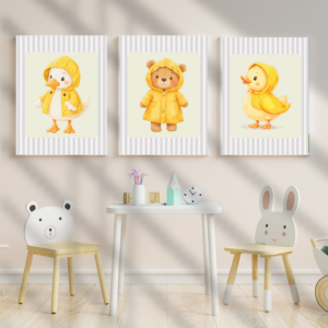 Rainy day friends nursery wall art 3 poster set — watercolour duck bear and duckling in yellow raincoats gender neutral kids room prints by Happy Giraffe Studio