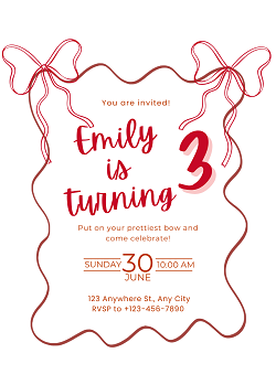 Red Bow Birthday Party Invitation Template - Editable Canva Card Printable