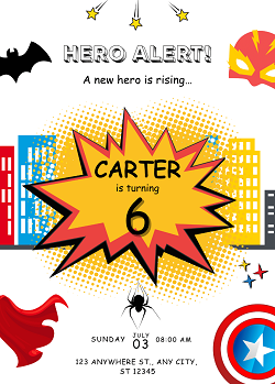 Superhero birthday party invitation template — editable comic book explosion burst bat spider cape and shield city skyline design printable by Happy Giraffe Studio