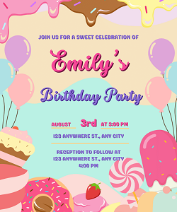 Sweet candy dessert birthday party invitation template — editable colourful donut ice cream and sweets design printable by Happy Giraffe Studio