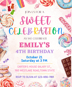 Sweet celebration candy shop birthday invitation template — editable watercolour lollipops donuts gummies and candy border pastel design printable by Happy Giraffe Studio