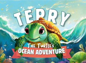 Terry the Turtle's Ocean Adventure children's reading book cover — friendly green turtle surfing ocean waves, kids book ages 3-7 by Happy Giraffe Studio