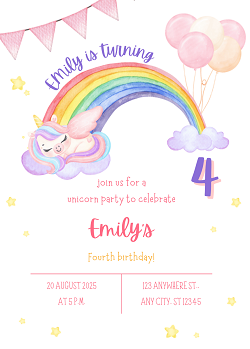 Unicorn Rainbow Birthday Party Invitation Template - Editable Canva Card Printable