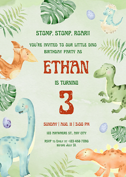 Watercolour dinosaur birthday party invitation template — editable soft watercolour T-Rex Brachiosaurus and tropical leaves sage green design printable by Happy Giraffe Studio