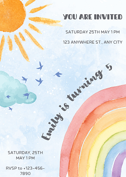 Watercolour Rainbow Sunshine Birthday Invitation Template - Editable Canva Card Printable