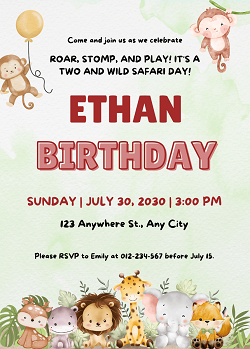 Wild Safari Animals Birthday Party Invitation Template - Editable Canva Card Printable