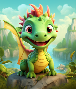 Dragon Coloring Book cover featuring a friendly green dragon with colorful mane surrounded by magical mountains, cliffs, and scenic waterfall landscape in soft tones