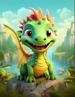 Dragon Coloring Book cover featuring a friendly green dragon with colorful mane surrounded by magical mountains, cliffs, and scenic waterfall landscape in soft tones