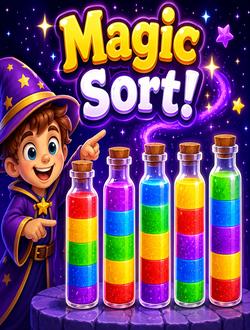Magic Sort kids colour sorting puzzle game — wizard boy with rainbow potion bottles